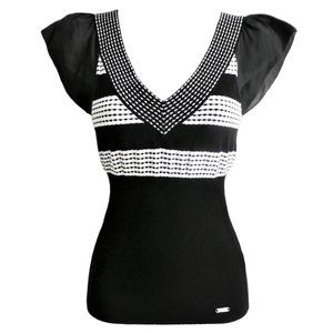 Guess Jeans V Neck Sweater Contrasting Dash Stripes Silk Flutter Sleeves Fitted